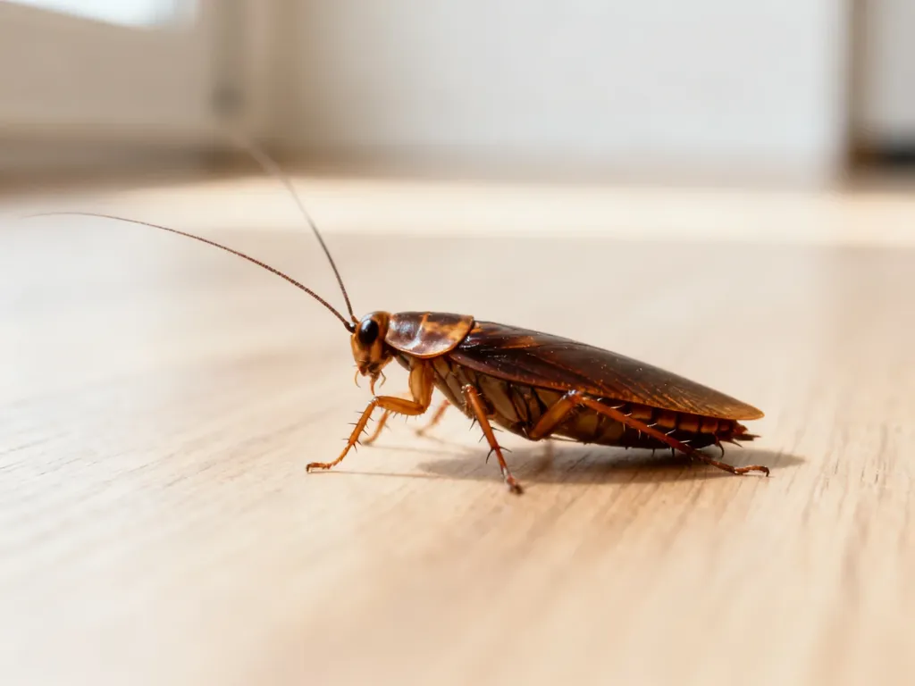 Zbliżenie na karalucha odpoczywającego na drewnianej powierzchni, ukazujące detale budowy ciała owada.